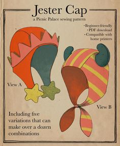 an advertisement for jester cap featuring two hats