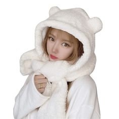 PRICES MAY VARY. [ Size ] - Loosen design in one size, range from 7- 7 1/8 (55-56 cm), widely fit for women. Good elasticity makes it accommodated any head size. [ Cute Beanie Hat ] - Super cute bear ear on the top, attached fuzzy fluffy scarf, make you a cute bear image, with face thinner effect ,making it cute! A must have for sweet girls! [ Feature ] - Casual winter warm beanie hat, cute and comfortable to wear. With beanie hat and scarf set, easy for carry-on while outing. Touches soft, comf Bear Ear Beanie, Ear Beanie, Kawaii Bear, Suit Hat, Fluffy Knit, Cute Beanies, Ear Style, Bear Hat, Hat And Scarf Sets