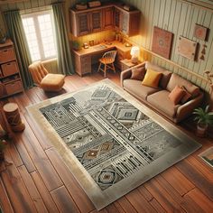 a living room filled with furniture and decor on top of hard wood floored floors