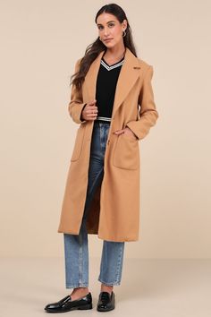 The Lulus Style Squad Tan Long Coat is here to protect your outfit from the elements while you and your besties hit the town! Thick, woven wool-like felt forms this chic, structured coat with a collared neckline, wide lapels, long sleeves, and long, two button bodice with front patch pockets. Fit: This garment fits true to size. Length: Knee Length. Size medium measures 44" from shoulder to hem. Bust: Great for any cup size. Waist: Not Fitted - comfortable room throughout midsection. Hip: Not Fitted - room for hips. Fabric: Fabric has no stretch. Fully lined. Shell: 70% Polyester, 30% Wool. Lining: 100% Polyester. Hand Wash Cold. Do Not Bleach. Line Dry. Iron Low Heat. Imported. Lulus | Style Squad Tan Long Coat | Size Medium | 100% Polyester. Long Sweater Coat For Workwear, Long Wool Coat For Work In Solid Color, Long Wool Coat For Work, Solid Color Wool Long Coat For Work, Wool Coat For Work, Chic Solid Color Outerwear For Business Casual, Chic Business Casual Solid Color Outerwear, Trendy Solid Sweater Coat For Work, Trendy Sweater Coat For Workwear