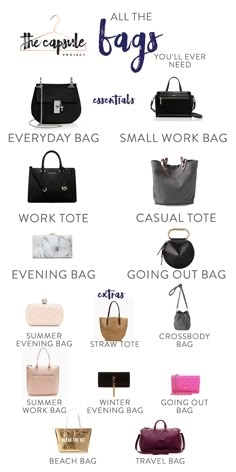 A Complete Bag Wardrobe according to the Lucky Shopping Manual #nationalhandbagday #bags #capsulewardrobe Bag Wardrobe, How To Have Style, Types Of Handbags, Chique Outfits, Looks Party, Fashion Capsule