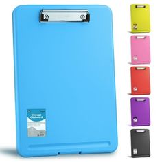 a blue clipboard with five different colors