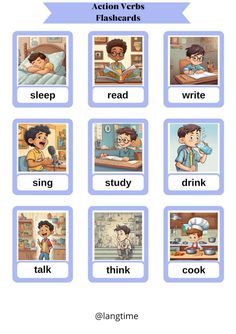 the action verbs flashcards for children to learn how to read and understand them