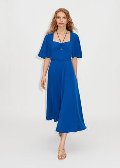 Statement Sleeve Maxi Dress + Belt | ME+EM Chic Midi Dress With Square Neck And Tie Back, Chic Square Neck Belted Dress, Elegant Blue Midi Dress With Tie Back, Chic Belted Square Neck Dress, Blue Tie-back Midi Dress For Formal Occasions, Formal Blue Midi Dress With Tie Back, Blue Tie Waist Midi Evening Dress, Fitted Blue Dress With Tie Fastening, Blue Fitted Dress With Tie Fastening