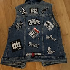 This Is A Great Unique Rock N Roll Denim Vest Which Represents Many Of The Greatest Rock Bands Of Many Genres Of Music. I Took Photos With It Over A Leather Mc Jacket (Not Included)So You Can See What Would Look Like Over A Jacket. I Will Be Posting More Of These Vintage Style Denim Vests Logos Color, Genres Of Music, Womens Denim Vest, Denim Vests, Greatest Rock Bands, Biker Outfit, Vest Designs, Girls Cartoon, Band Logos