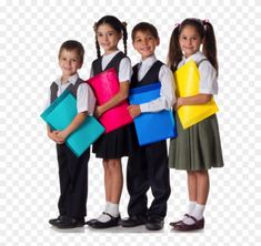 three children are holding folders and posing for the camera with their arms around each other