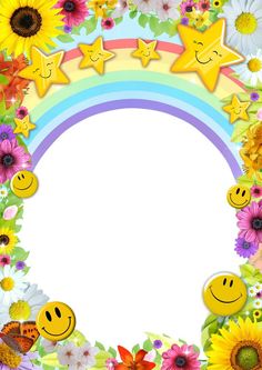 a rainbow frame with sunflowers, flowers and smiley faces