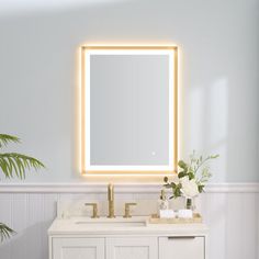 a bathroom vanity with a lighted mirror above it and a potted plant in the corner