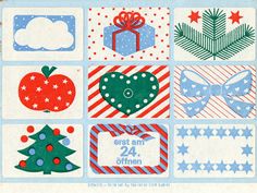 an image of christmas stickers on the back of a card that says, first am 24 offen