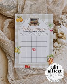 Host the most delightful and interactive baby shower with our Organic Baby Bingo Cards! This editable bingo card template is perfect for a Farmers Market-themed celebration, featuring charming illustrations of locally grown fruits and veggies. Simply customize, download, and print for a fun and easy-to-play game that's sure to be a hit at your gardening shower. Get your baby games bundle today and add a touch of love to your market baby shower! ✅ INSTANT ACCESS ✅ EDIT ALL TEXT/FONT & FONT COLOR Locally Grown Baby Shower Theme, Farmers Market Stand, Bingo Card Template, Baby Bingo, Bingo Card, Baby Shower Bingo, Games Printable, Play Game, Shower Themes