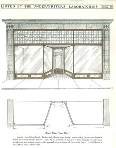 an architectural drawing shows the interior and exterior of a building, with glass doors on each side