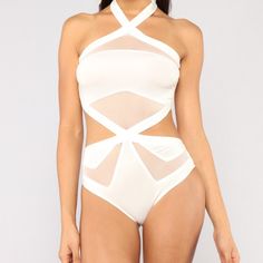 New With Tags Ivory Bodysuit With Mesh Size Xs Last 2 Pictures Not Mine They Are From Website . I Am Not Affiliated With Them In Any Way Just For Purpose Of Giving Idea How It Looks.All Other Photos Taken By Me Cream Fitted Swimwear For Party, Fitted Cream Swimwear For Party, Summer Party Cream Jumpsuits And Rompers, White Fitted Jumpsuits And Rompers For Beach, White Fitted Jumpsuit For Beach, White One-piece Bodysuit With Lined Body, Beige One-piece Bodysuit For Party, White Lined One-piece Bodysuit, Fitted White Jumpsuits And Rompers For Beachwear