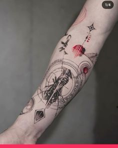 a person's arm with tattoos on it and an image of a clock in the middle