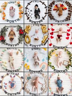 many different pictures of babies and their names in the shape of hearts, wreaths, letters