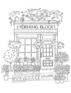 a drawing of a flower shop with potted plants