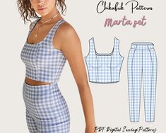 This is Marta set Pattern - This set includes square neckline crop top and fitted pant pattern. This summer pattern was digitized for you. This is a PDF digital download sewing pattern to be printed at home on a home printer or if you prefer at a print shop. All my pattern files include a layer option so you can choose to print just your size or multiple sizes of your choice to save ink and time. The pattern includes 15 sizes: XXXS to 5XL, (30 to 58 Europe size), (00 to 26 US size), (2 to 30 UK size), check the size chart in the listing for precise measurements Files included: - US letter printable pattern ( for US letter printers and paper) - A4 printable pattern ( for A4 size printers and paper) - A0 printable pattern (large format for print shop printing) - Book instruction with step-by Tank Top Sewing Pattern, Crop Top Sewing Pattern, Pattern Crop Top, Diy Crop Top, Women's Sewing Pattern, Crop Top Pattern, Stylish Crop Top, Trendy Crop Tops, Summer Sewing