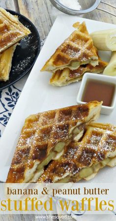 banana and peanut butter stuffed waffles on a plate with dipping sauce next to them