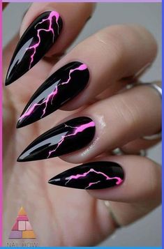 Black With Color Nails, Black Nails Pink Design, Metallica Nails Design, Lightning Nails Designs, Pink Nails With Black Design, Black Sparkle Nails Acrylic, Lightening Nails, Black And Pink Nail Designs, Lightning Nail Art