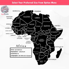 the africa map is shown in black and white, with words on it that read select your preferred size from option menu