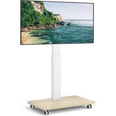 a flat screen tv sitting on top of a white stand next to the ocean and trees