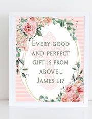 a pink and white floral frame with the words, every good and perfect gift is from above