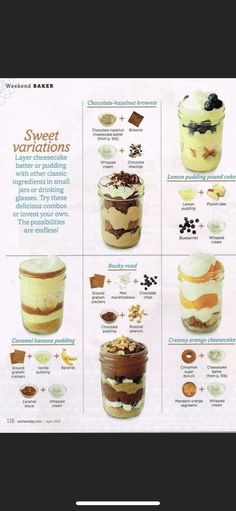 an advertisement for desserts with different toppings on it's sides and in the middle