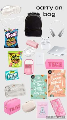 the contents of a carry on bag are shown in pink and white, including headphones, earbuds, an ipod case, candy bar, eyeglasses, etc