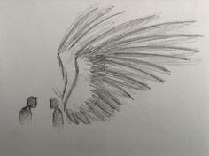 a pencil drawing of an angel and a man standing next to each other with their wings spread out