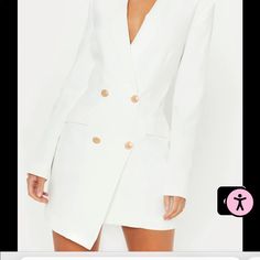 Brand New Elegant White V-neck Blazer Dress, White Blazer Dress With Buttons For Party, White Long Sleeve Blazer Dress For Summer, Elegant White Blazer Dress For Night Out, White Blazer Dress With Button Closure For Party, Fitted White Blazer Dress For Spring, White Fitted Double-breasted Dresses, Fitted White Blazer Dress With Double-breasted Button, White Dresses With Button Closure For Night Out