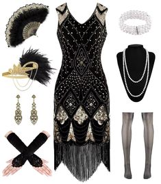 PRICES MAY VARY. Package Included-1 x sequin sleeveless flapper dress, 1x lace fan, 1 x long satin gloves,1 xfeather headband, 1 x pearl necklace, 1 x earrings, 1 x pearl bracelet, 1 x fishnet stockings. Vintage Elegant Glam-The flapper dresses 1920s made of polyester fabric and soft fringe, delicate bead and sparkling sequins design, the enchanting dresses that feature a seductive V-neckline and a daring backless design, adding a touch of feminine allure to 20s outfit. Inspired by the flapper s The Great Gatsby Outfit Ideas, Gatsby Inspired Dress, Roaring 20s Accessories, Great Gatsby Outfit, Flapper Dresses 1920s, 20s Accessories, Long Satin Gloves, 20s Outfit, Gatsby Outfit