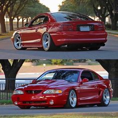 two pictures of a red car parked on the street