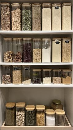 an organized pantry filled with lots of different types of food and storage containers on shelves