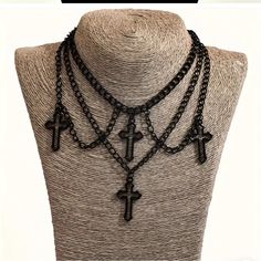 Gothic Cross Pendant, Choker Necklace, Chains, With Cross Pendant Black Color Alloy Materials Measurements In Pics Cross Pendant Necklace Woman, Layered Cross Necklace, Dramatic Fashion, Layered Crosses, Outfits Unique, Layered Chain Necklace, Gothic Necklace, Multi Layer Necklace, Layered Chains