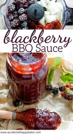 blackberry bbq sauce in a glass jar with berries and marshmallows