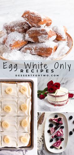 an egg white cake with bananas and blueberries on top is shown in this collage