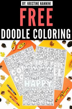 the free doodle coloring book for kids with autumn leaves and acorns on it