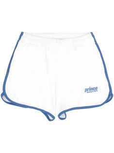 white cotton elasticated waistband side stripe detailing embroidered logo thigh-length Luxury Sporty Shorts For Sports, Luxury Sporty Beach Shorts, Sporty Cotton Bottoms With Logo Detail, Luxury Cotton Sporty Shorts, Rich Summer, White Compressive Sportswear Shorts, Sporty And Rich, Shorts White, Track Shorts