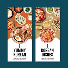 two vertical banners with different food items on them