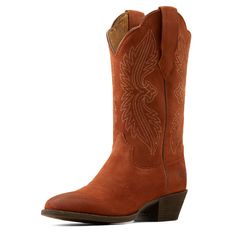 With beautiful stitching and a traditional R toe, these are classic cowboy through and through. Their comfort and versatility make them a go-to. Bonus: StretchFit makes them easier to pull on and expands to fit a wide range of calves. Heritage R Toe StretchFit Western Boot | Product Features : 0 : ATS® technology provides ergonomic support on uneven terrain, 1 : StretchFit panels under the pull tabs give an additional inch to fit a wide range of calves, 2 : Removable All Day Cushioning insole, 3 Brown Suede-lined Boots For Rodeo, Hand Tooled Fitted Boots For Western-themed Events, Rustic Fitted Boots For Rodeo, Hand Tooled Fitted Boots For Rodeo, Fitted Hand Tooled Boots For Rodeo, Southwestern Fitted Boots With Round Toe, Leather Boots With Suede Lining For Ranch, Rugged Boots For Rodeo In Fall, Fall Rodeo Boots With Leather Sole