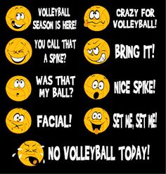 some smiley faces with different expressions and words on them, including one that says volleyball