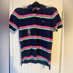 Polo New With Tag Casual Pink Collared T-shirt, Fitted Pink Polo Collar T-shirt, Preppy Pink Collared Top, Pink Cotton Polo Collar Top, Casual Pink Polo Shirt For Spring, Casual Pink Short Sleeve Polo Shirt, Preppy Pink Short Sleeve Shirt, Ralph Lauren Striped Collared Tops, Fitted Ralph Lauren Pink Top