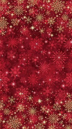 a red background with gold snowflakes and stars