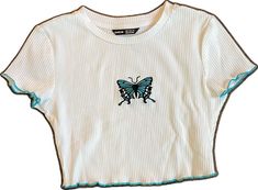 Casual Fitted Tops With Embroidered Graphics, Fitted Summer Tops With Embroidered Graphics, Fitted Spring Tops With Embroidered Graphics, Fitted Tops With Embroidered Graphics For Spring, Trendy Summer Tops With Butterfly Embroidery, Summer Fitted Tops With Butterfly Embroidery, Fitted Summer Tops With Butterfly Embroidery, Fitted Butterfly Embroidery Top For Spring, Fitted Tops With Butterfly Embroidery For Spring