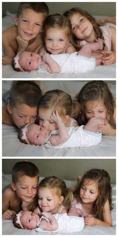 three pictures of children cuddling together on a bed