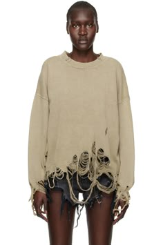 R13: Khaki Destroyed Oversized Sweater | SSENSE Ripped Sweater Outfit, Distressed Sweater Outfit, Distressed Knitwear, Sweater Outfit Ideas For Women, Distressed Knit Sweater, Distressed Outfit, Nomad Fashion, Destroyed Sweater, Distressed Fashion