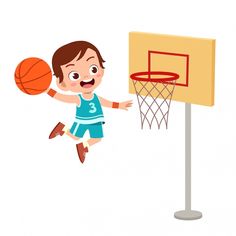 a young boy is playing basketball in the air