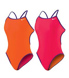 two women's swimsuits, one in orange and the other in pink