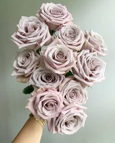 a hand holding a bouquet of pink roses