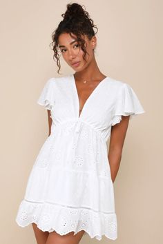 White Eyelet Dress - Embroidered Dress - Drawstring Mini Dress - Lulus Grad Photoshoot, White Eyelet Dress, Eyelet Embroidery, Empire Style, Eyelet Dress, Dress With Tie, White Eyelet, Tiered Skirt, Flutter Sleeves