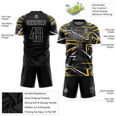 the front and back of a black soccer uniform with yellow details on it, including shorts